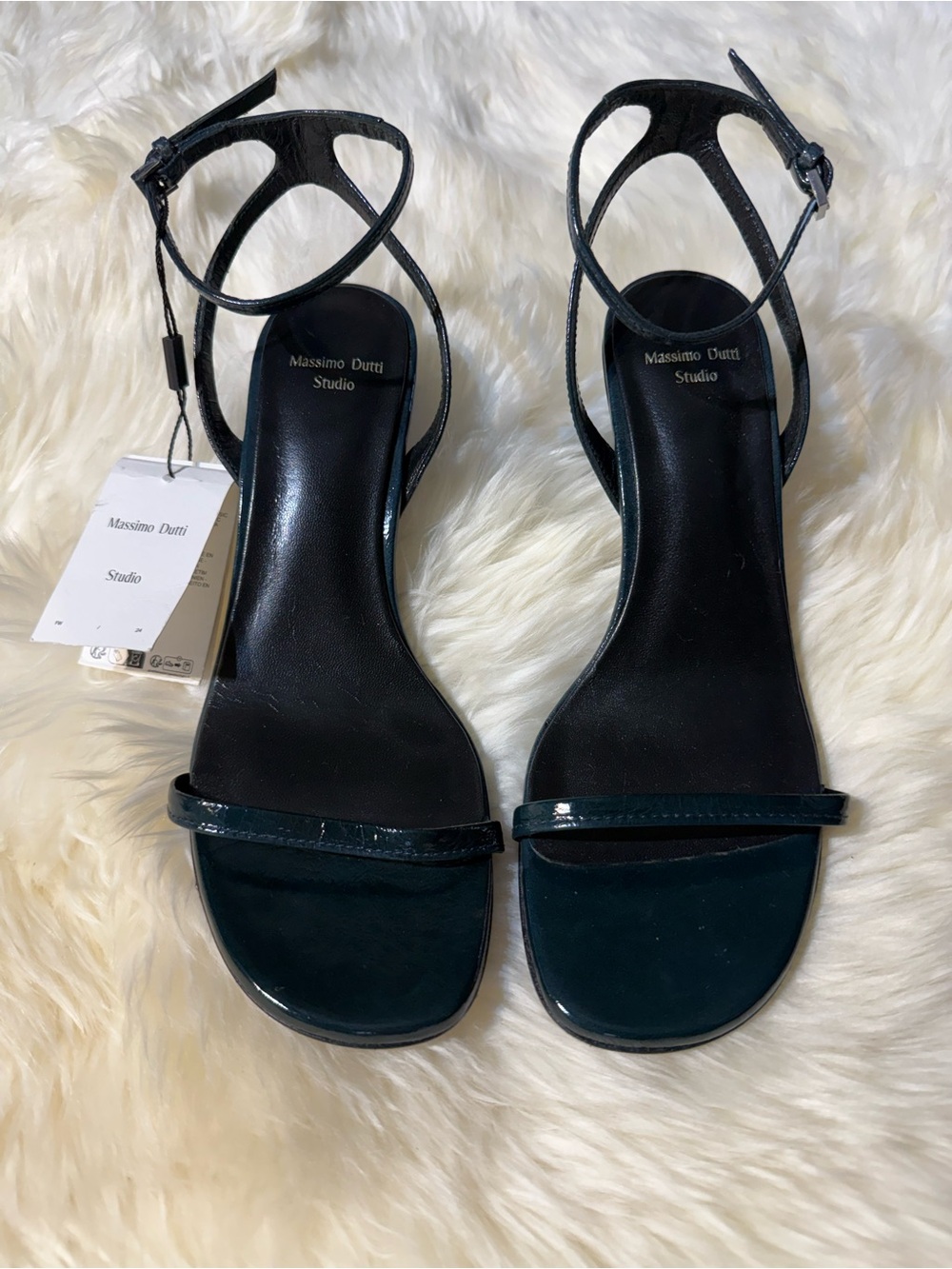 Massimo Dutti Dark Green Patent Ankle-Strap Sandals